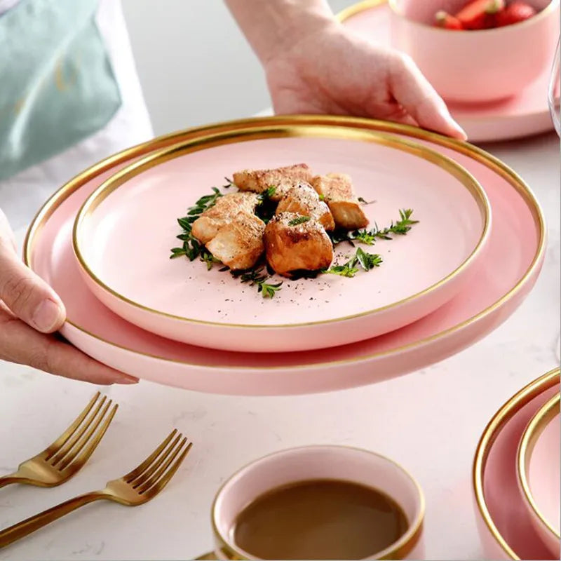 Gilt Rim Pink Porcelain Dinner Plate Set