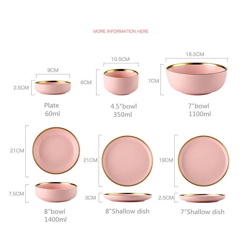 Gilt Rim Pink Porcelain Dinner Plate Set