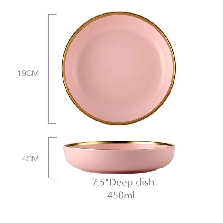Gilt Rim Pink Porcelain Dinner Plate Set