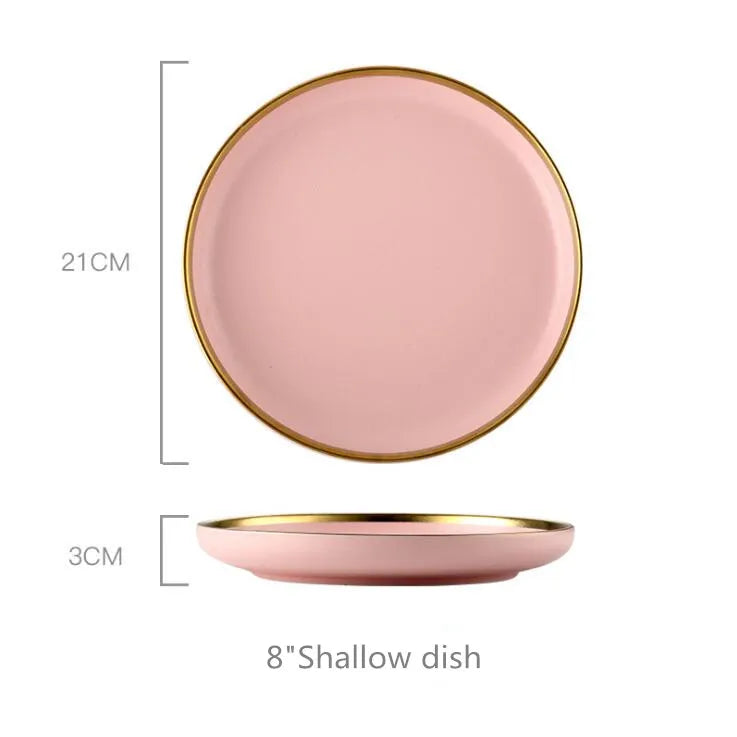 Gilt Rim Pink Porcelain Dinner Plate Set