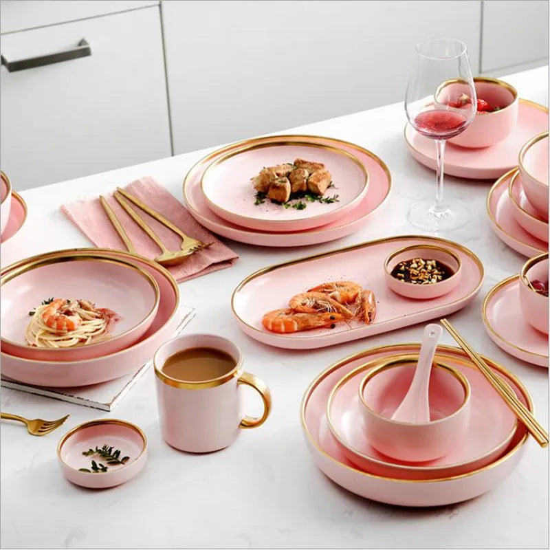 Gilt Rim Pink Porcelain Dinner Plate Set
