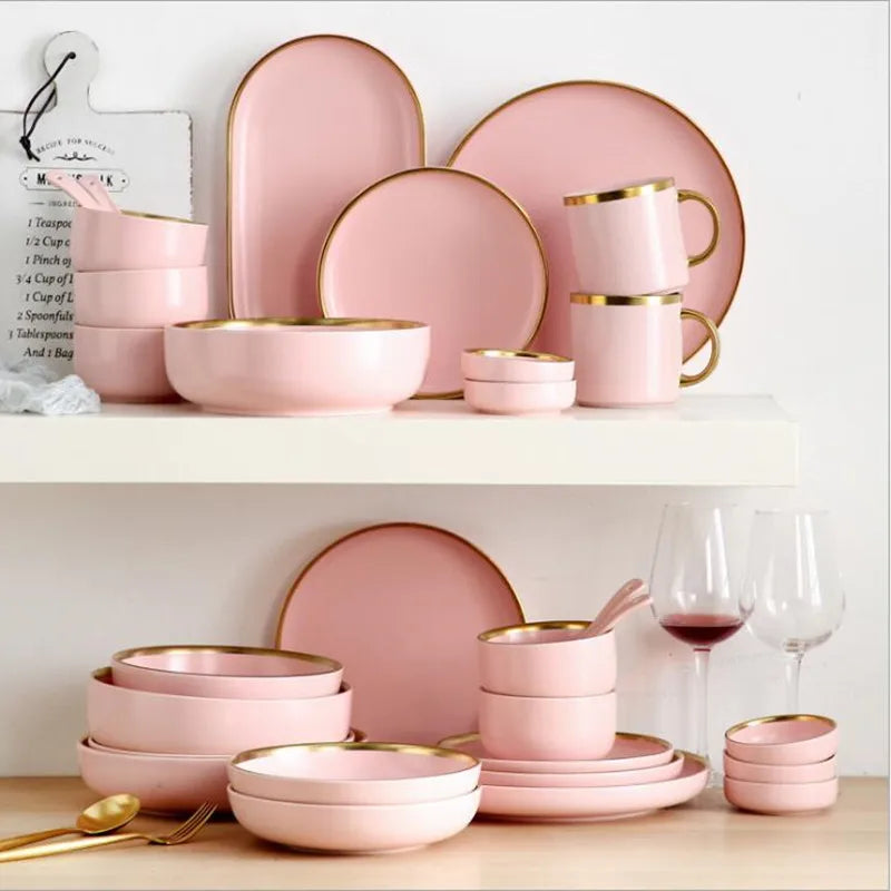 Gilt Rim Pink Porcelain Dinner Plate Set