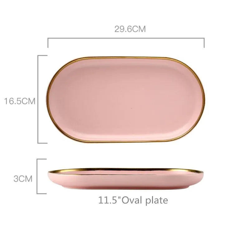 Gilt Rim Pink Porcelain Dinner Plate Set