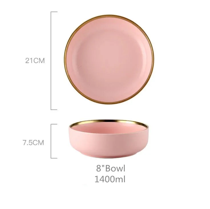 Gilt Rim Pink Porcelain Dinner Plate Set