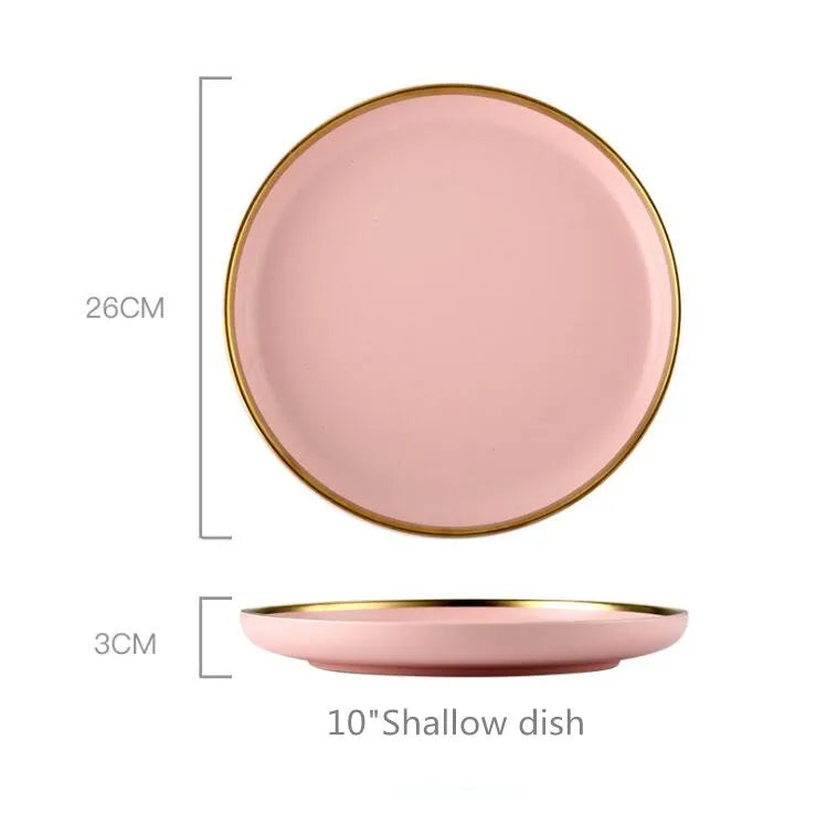 Gilt Rim Pink Porcelain Dinner Plate Set