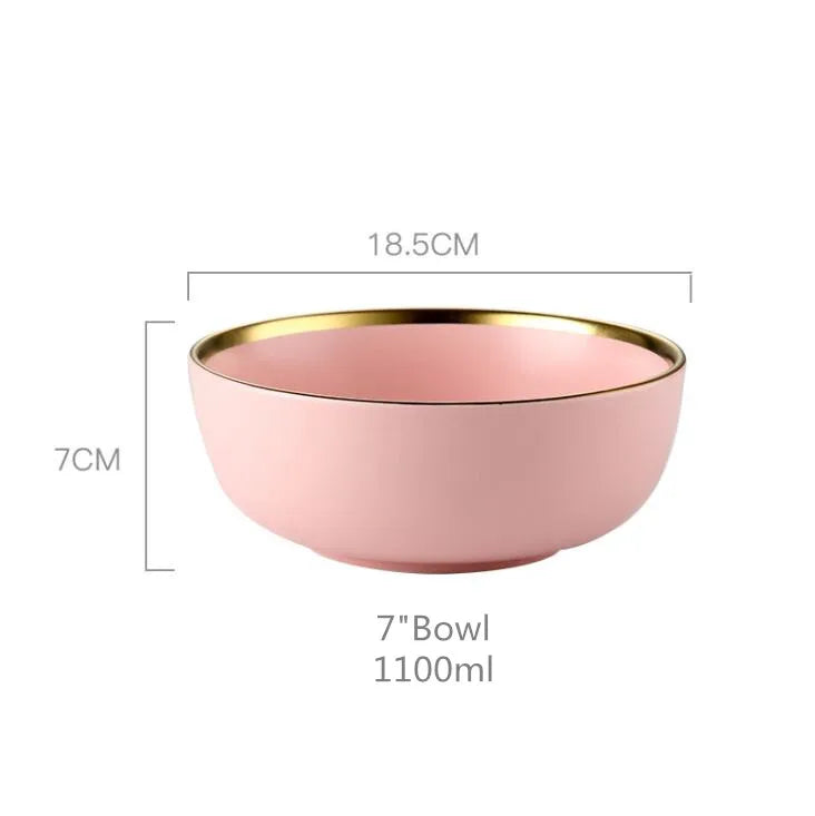 Gilt Rim Pink Porcelain Dinner Plate Set
