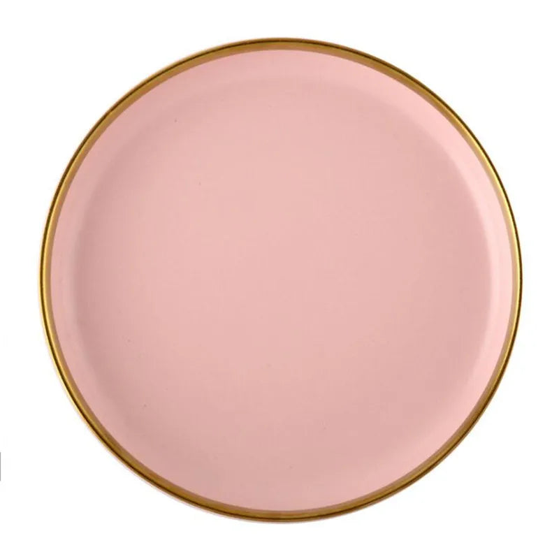 Gilt Rim Pink Porcelain Dinner Plate Set