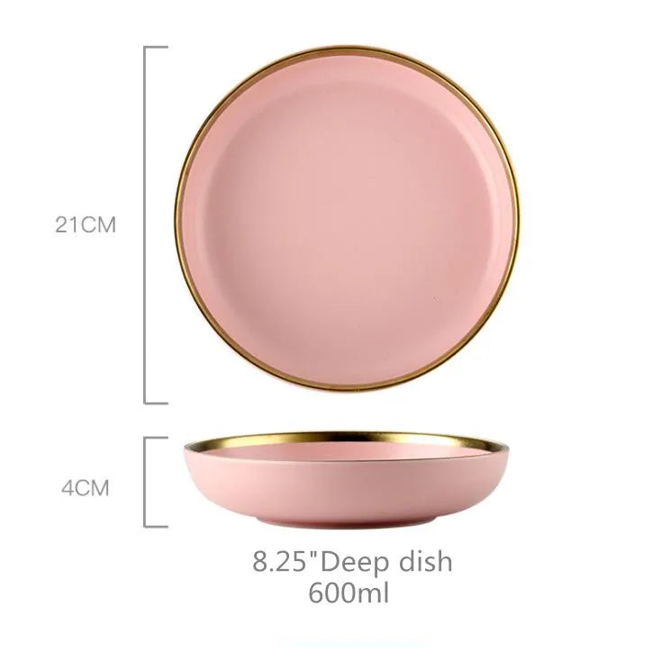 Gilt Rim Pink Porcelain Dinner Plate Set