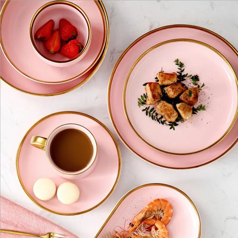 Gilt Rim Pink Porcelain Dinner Plate Set