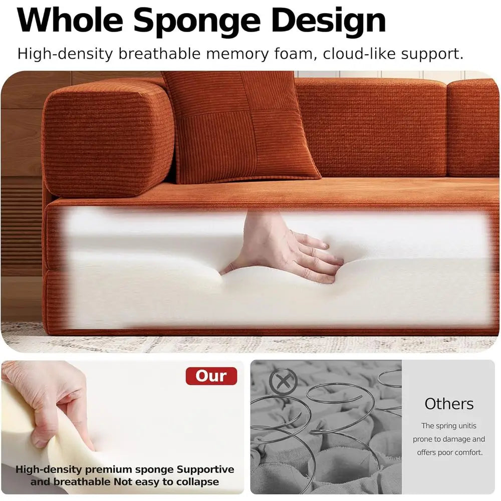 Orange Corduroy Sleeper Sofa with Armrest Pillow