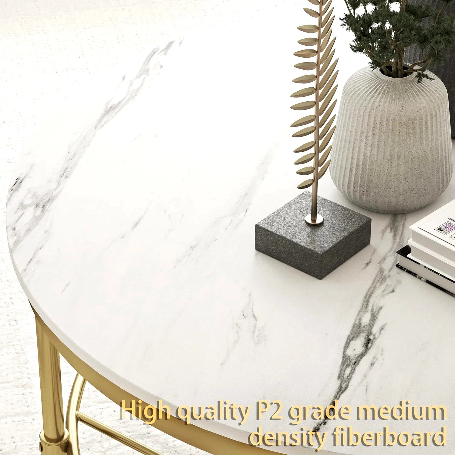 2-Tier Round Coffee Table, Industrial Coffee Table with Open Shelf Storage for Living Room, Marble White with Gold Frame
