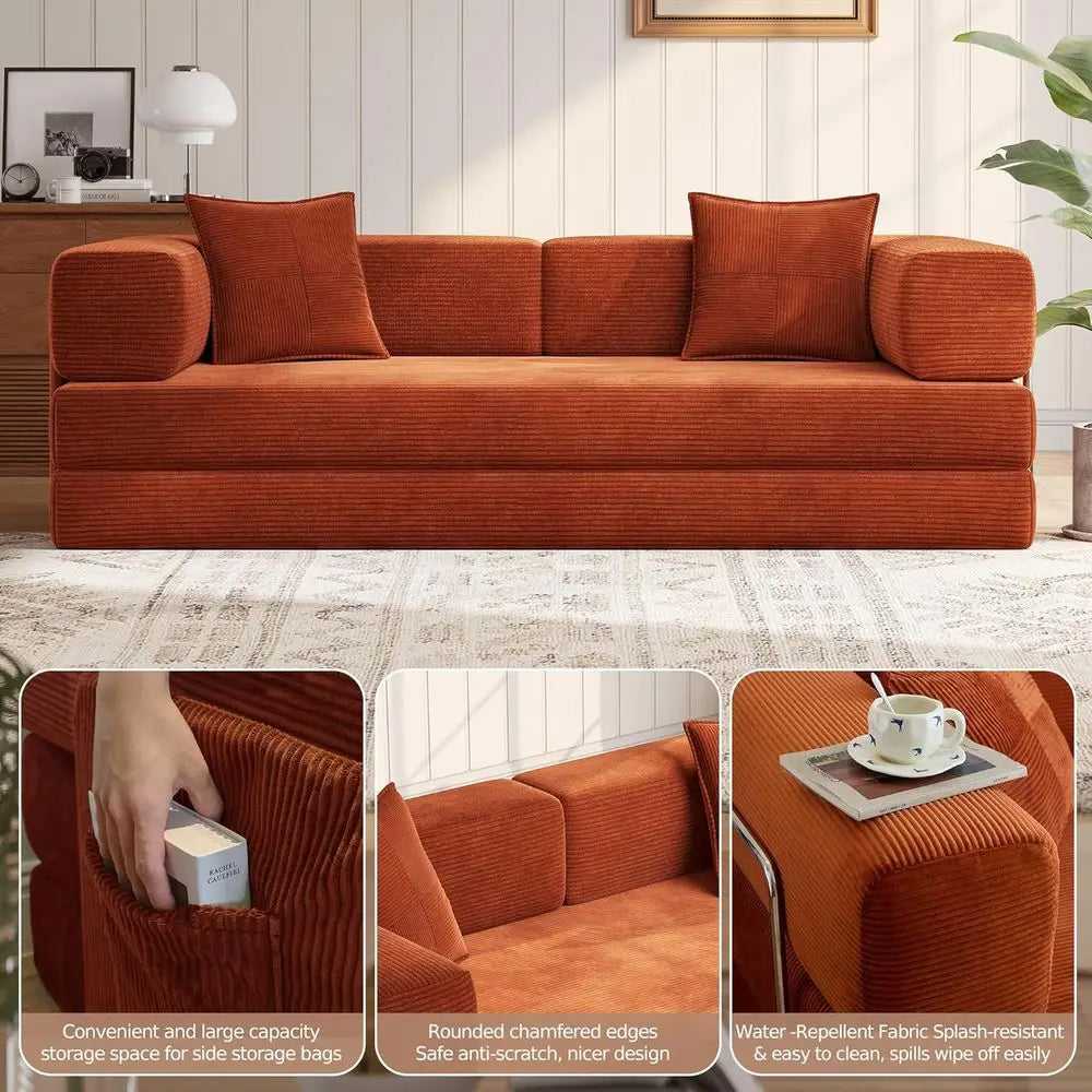 Orange Corduroy Sleeper Sofa with Armrest Pillow