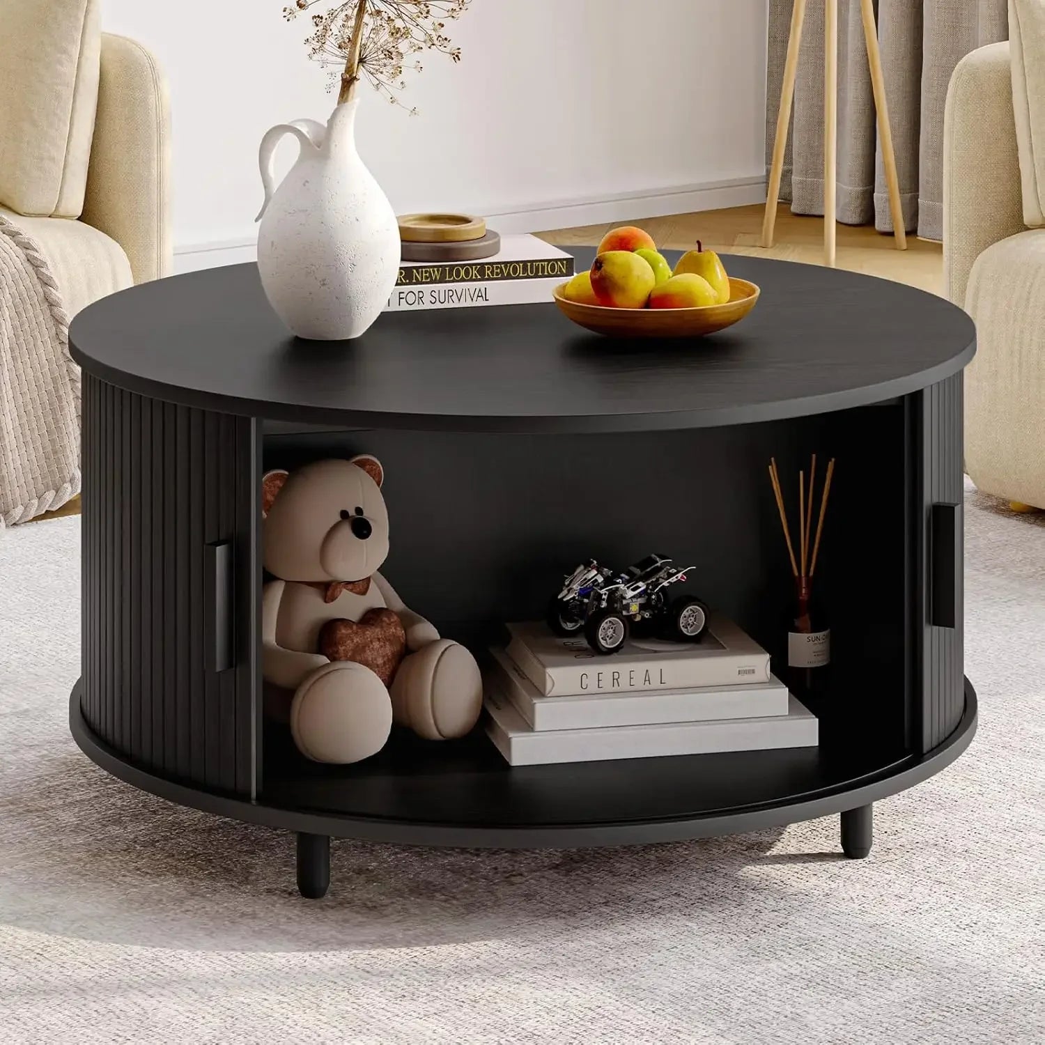 Round Coffee Table w/ 360° Sliding Door