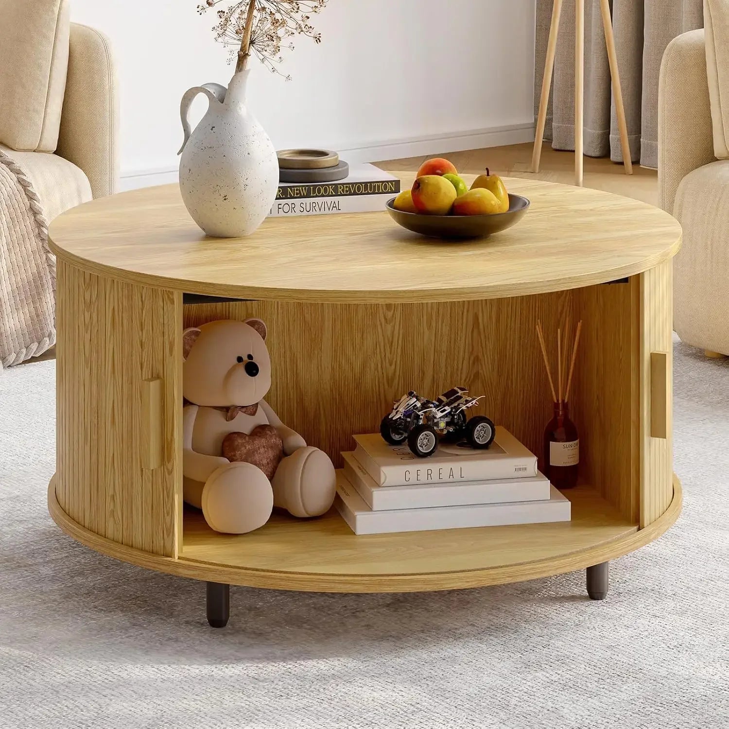 Round Coffee Table w/ 360° Sliding Door