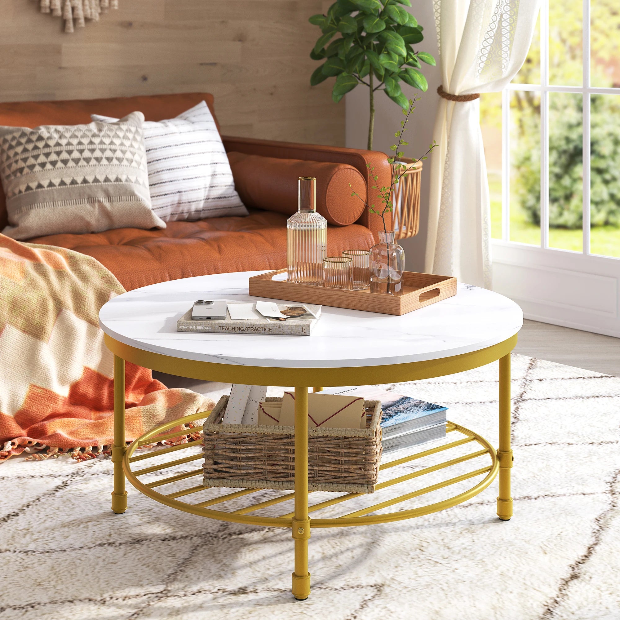 2-Tier Round Coffee Table, Industrial Coffee Table with Open Shelf Storage for Living Room, Marble White with Gold Frame