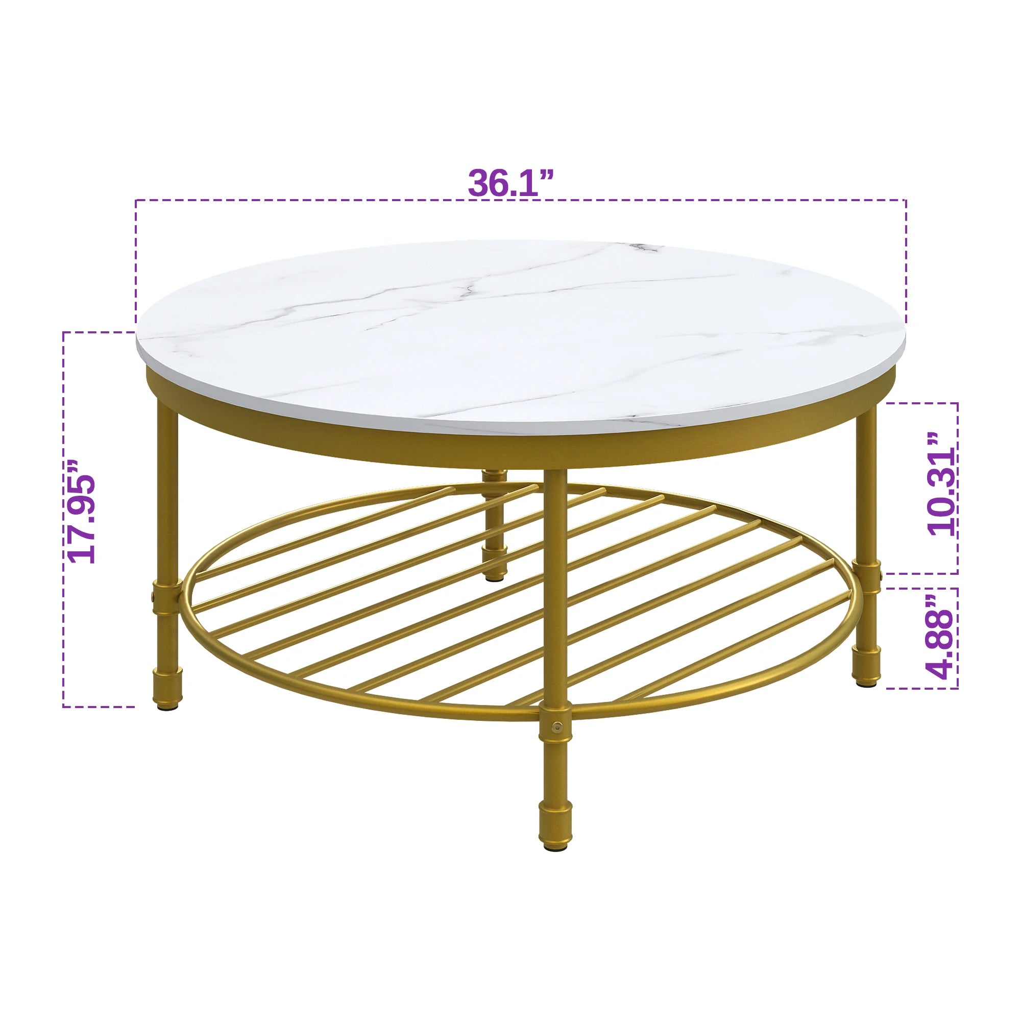 2-Tier Round Coffee Table, Industrial Coffee Table with Open Shelf Storage for Living Room, Marble White with Gold Frame