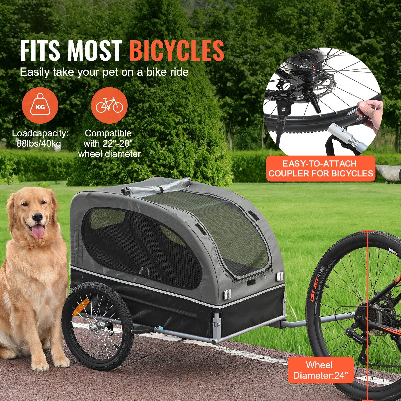 SucceBuy 88 lbs Dog Bike Trailer Pet Cart Bicycle Carrier with Wheels Coupler Reflectors Flag Collapsible to Store for Dogs