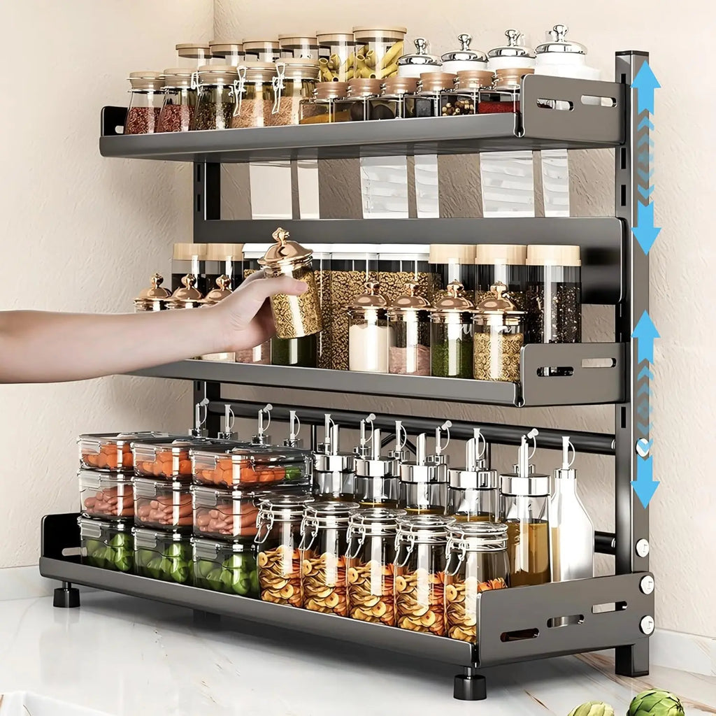 Three-tier height-adjustable vertical spice rack