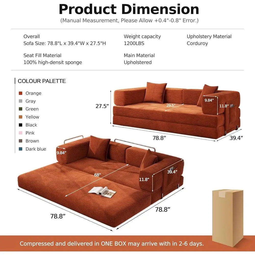 Orange Corduroy Sleeper Sofa with Armrest Pillow
