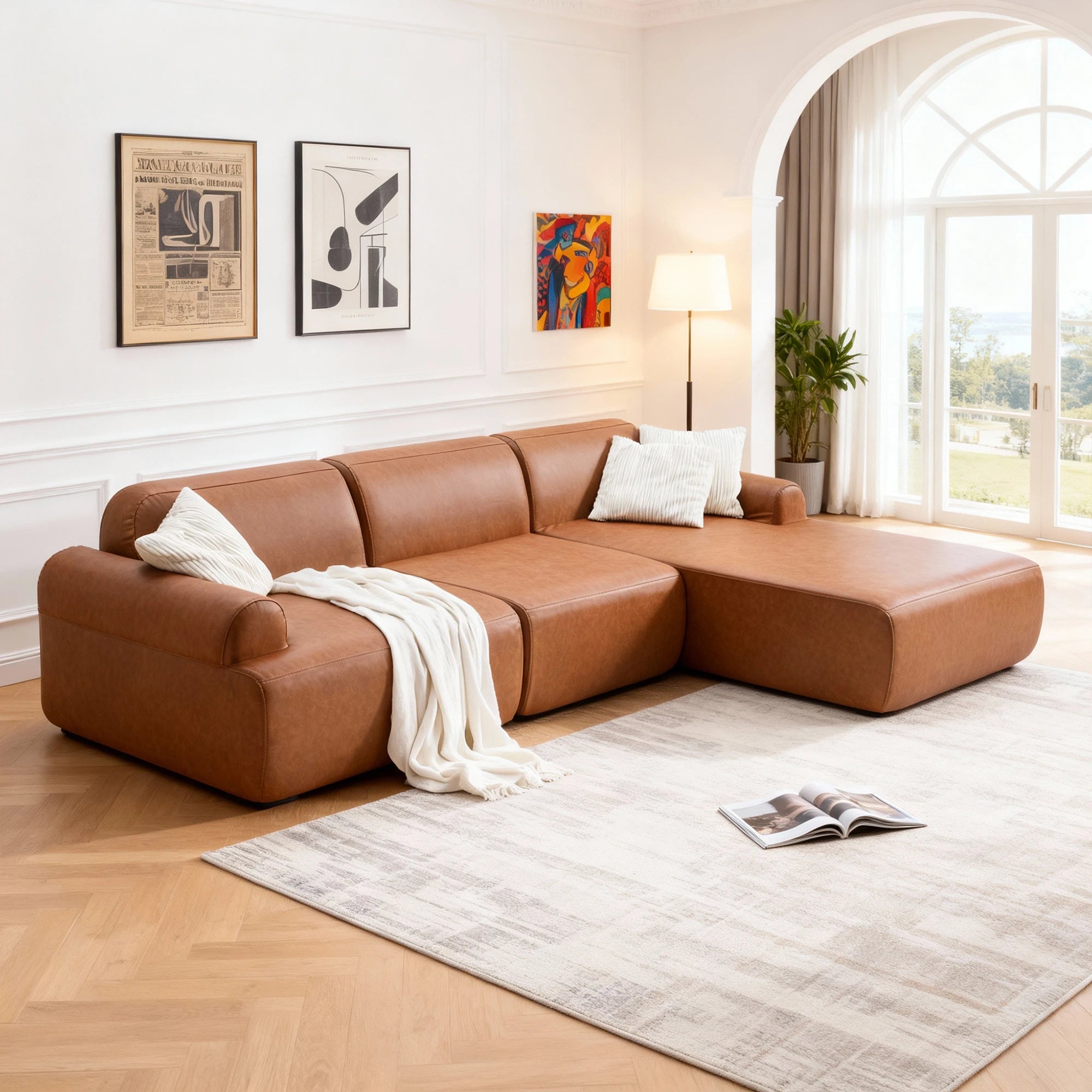 L-shaped modular leather sofa