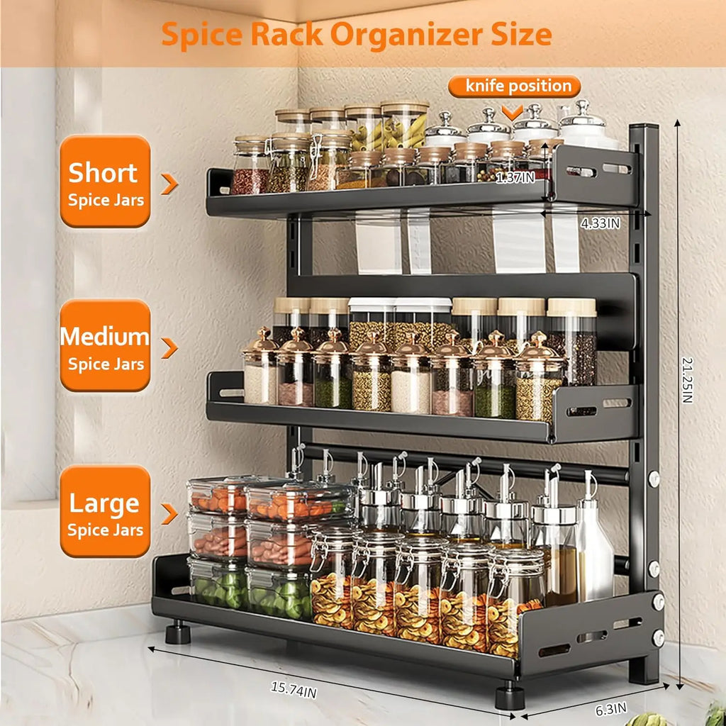 Three-tier height-adjustable vertical spice rack
