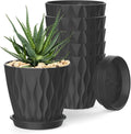 Plant Pots with Drainage & Trays, 6 Pack in Black
