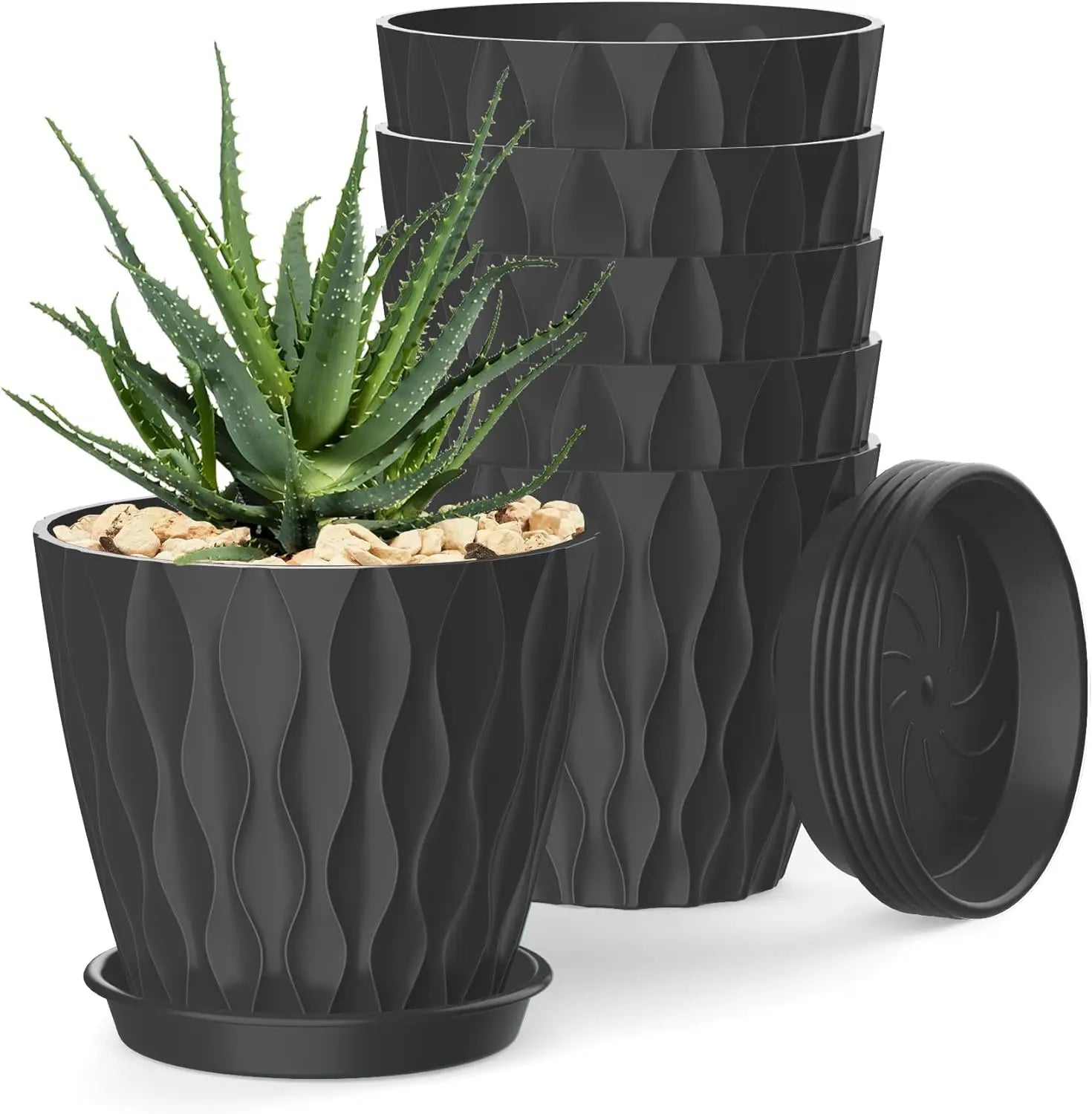 Plant Pots with Drainage & Trays, 6 Pack in Black