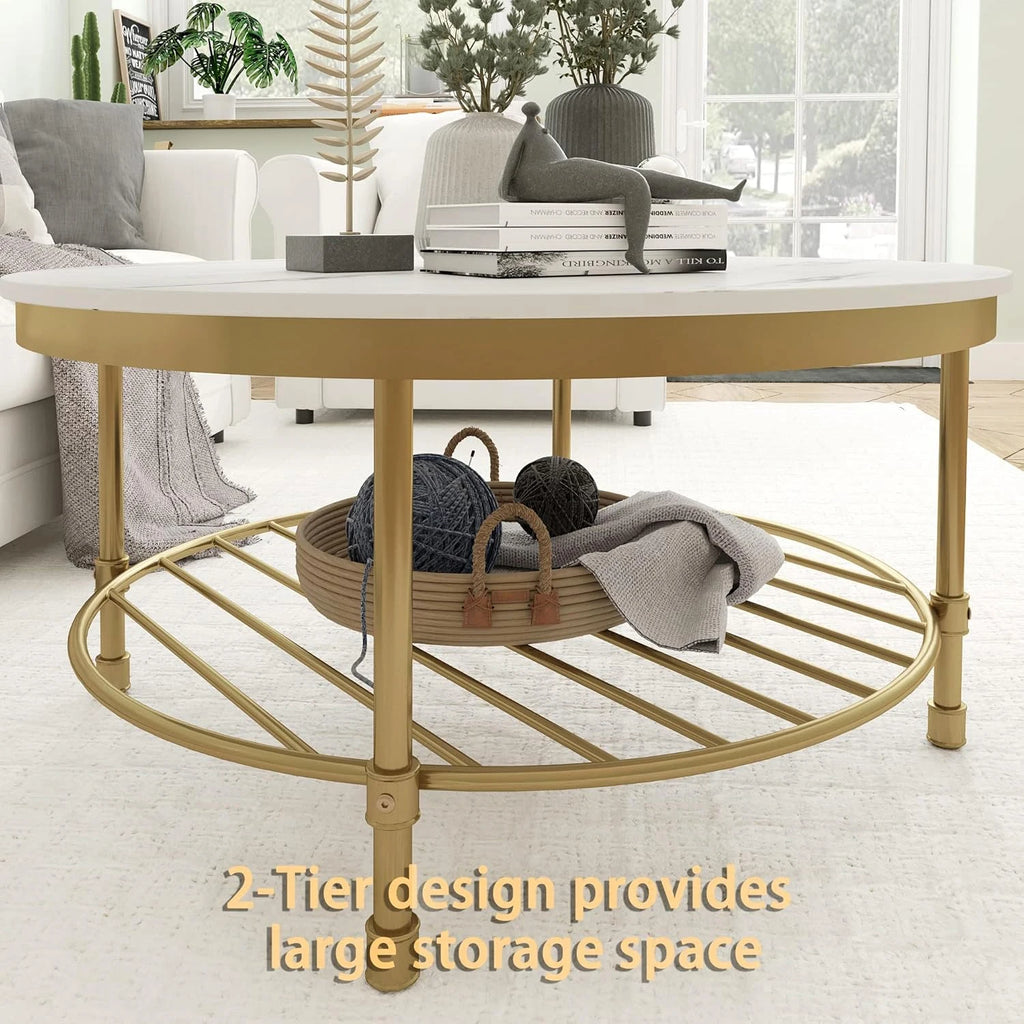 2-Tier Round Coffee Table, Industrial Coffee Table with Open Shelf Storage for Living Room, Marble White with Gold Frame