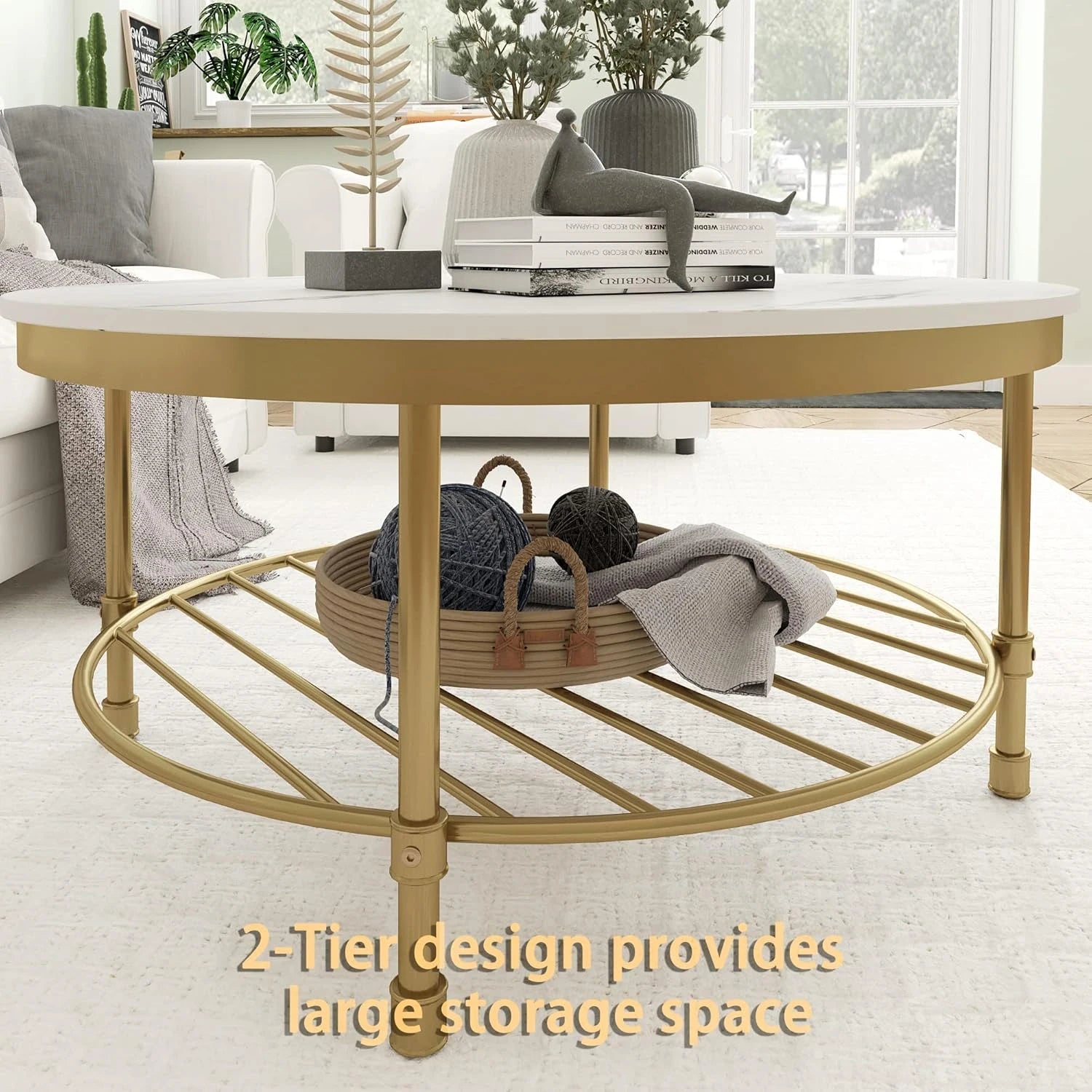 2-Tier Round Coffee Table, Industrial Coffee Table with Open Shelf Storage for Living Room, Marble White with Gold Frame