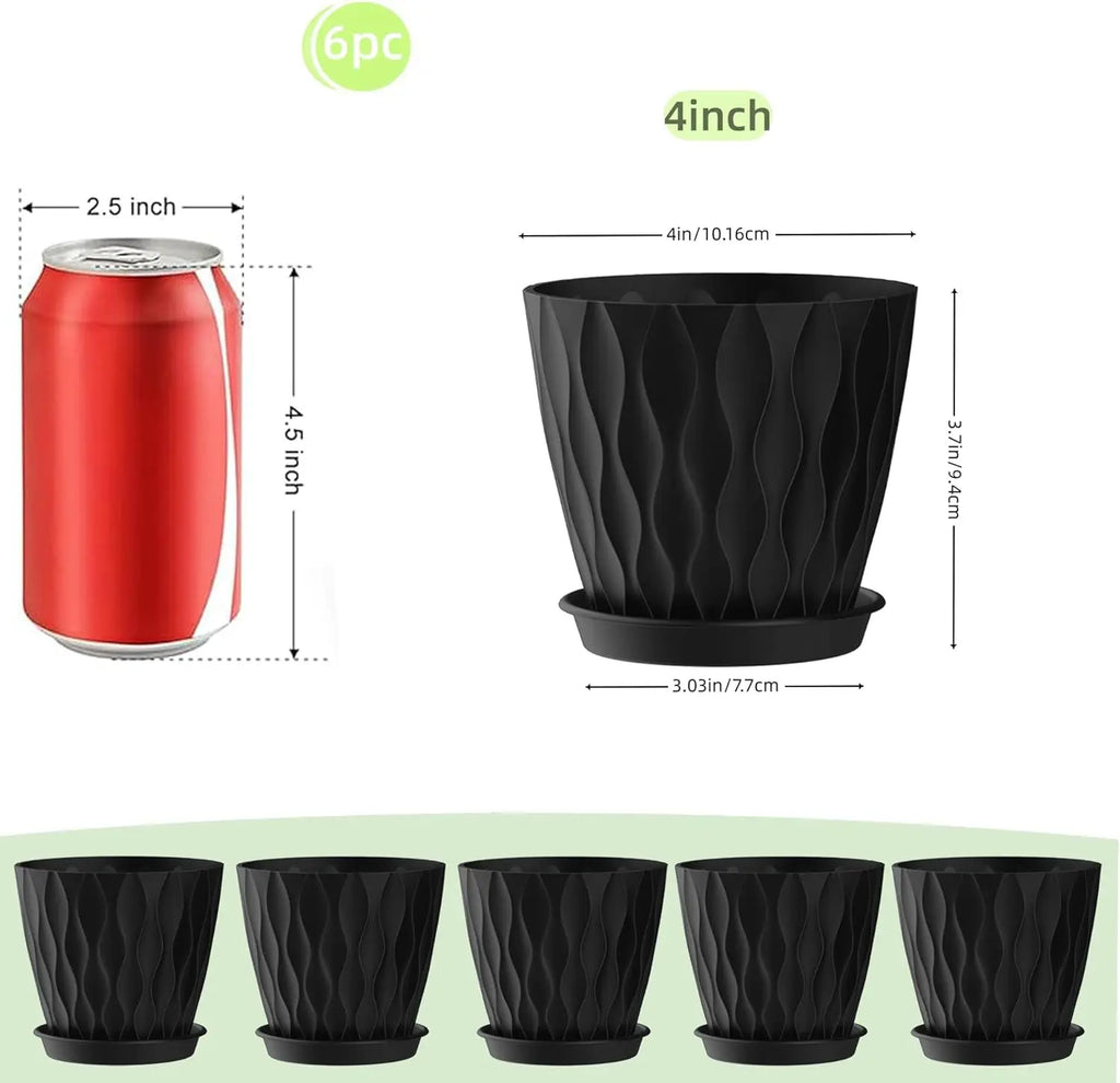 Plant Pots with Drainage & Trays, 6 Pack in Black