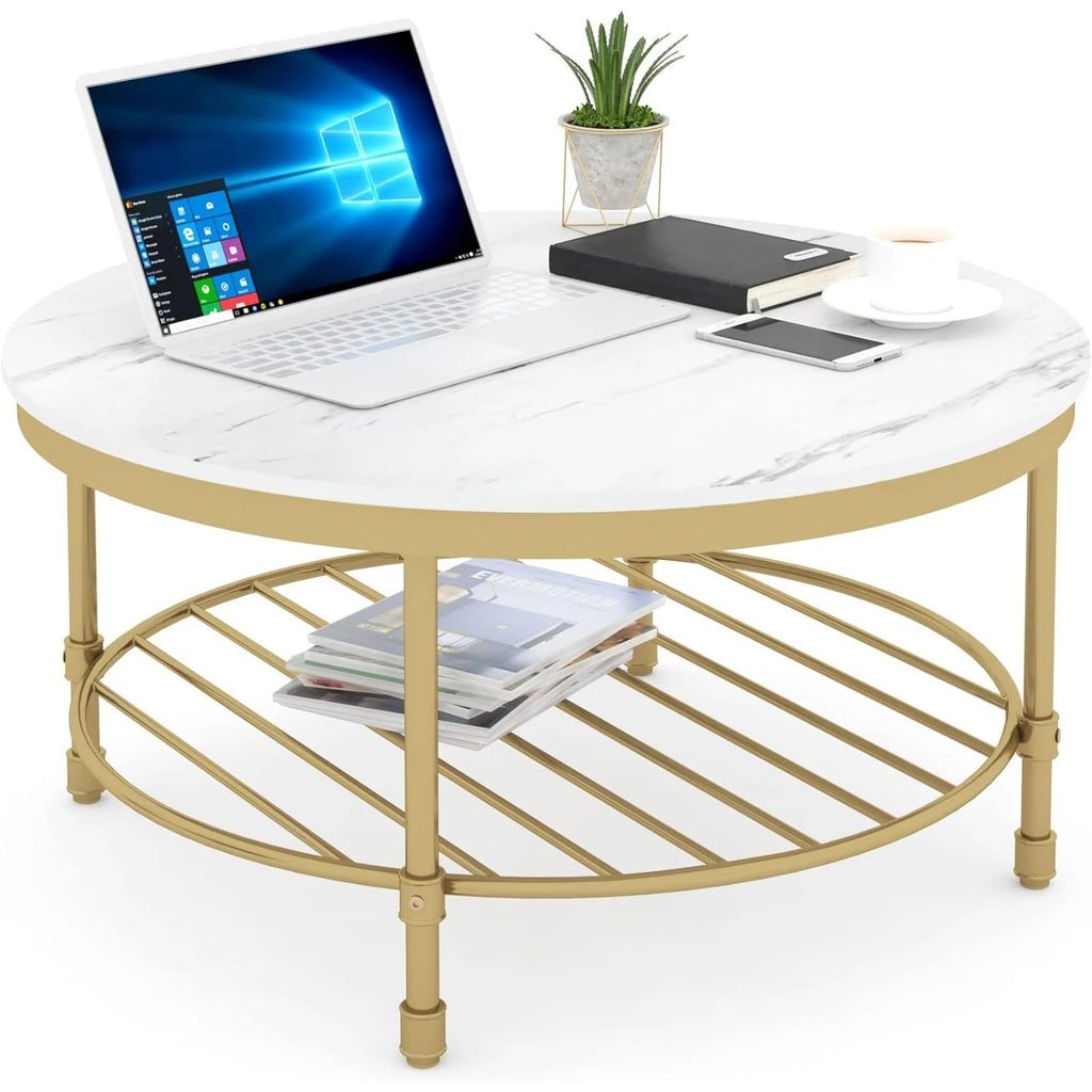 2-Tier Round Coffee Table, Industrial Coffee Table with Open Shelf Storage for Living Room, Marble White with Gold Frame