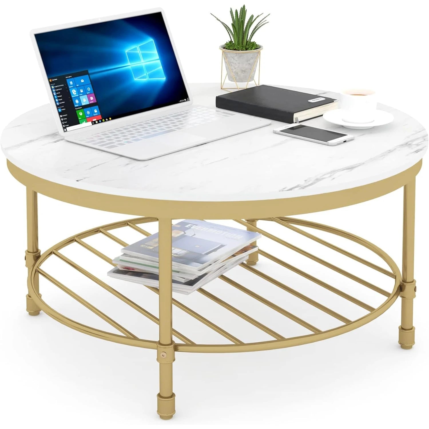 2-Tier Round Coffee Table, Industrial Coffee Table with Open Shelf Storage for Living Room, Marble White with Gold Frame