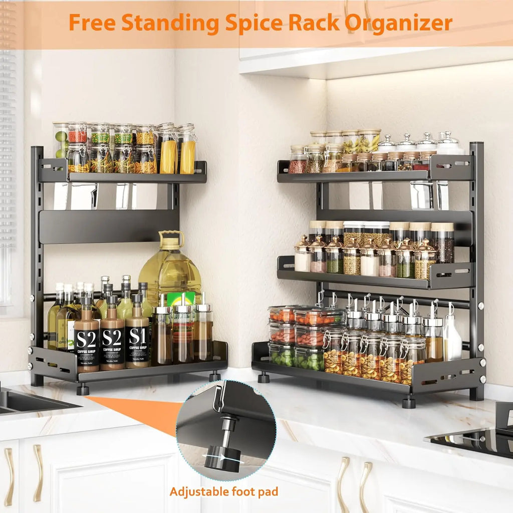 Three-tier height-adjustable vertical spice rack