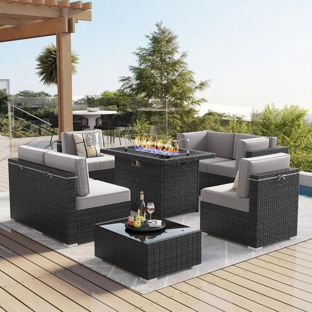 8-Piece Outdoor  Set with Propane Fire Pit and Coffee Table