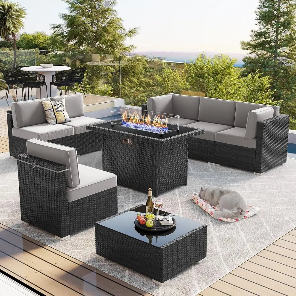 8-Piece Outdoor  Set with Propane Fire Pit and Coffee Table