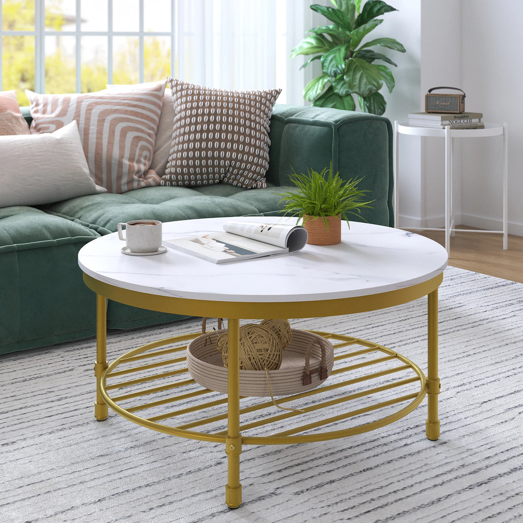 2-Tier Round Coffee Table, Industrial Coffee Table with Open Shelf Storage for Living Room, Marble White with Gold Frame