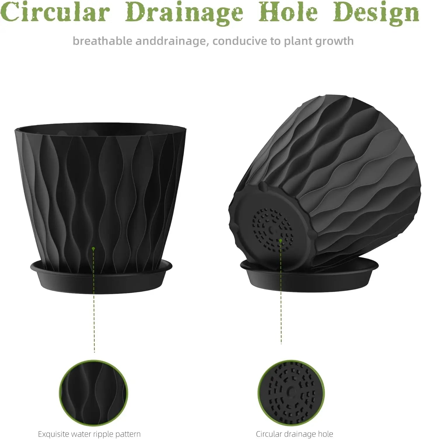 Plant Pots with Drainage & Trays, 6 Pack in Black