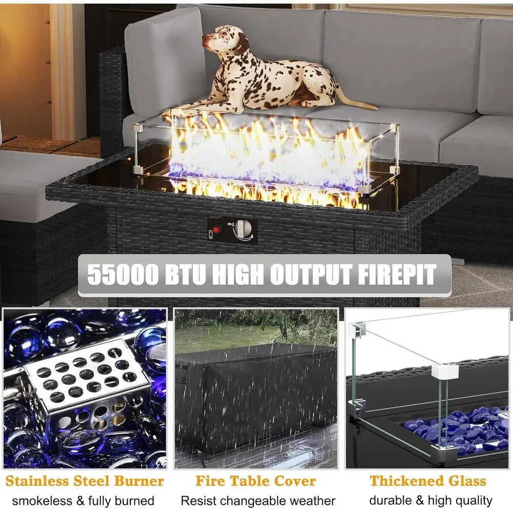 8-Piece Outdoor  Set with Propane Fire Pit and Coffee Table