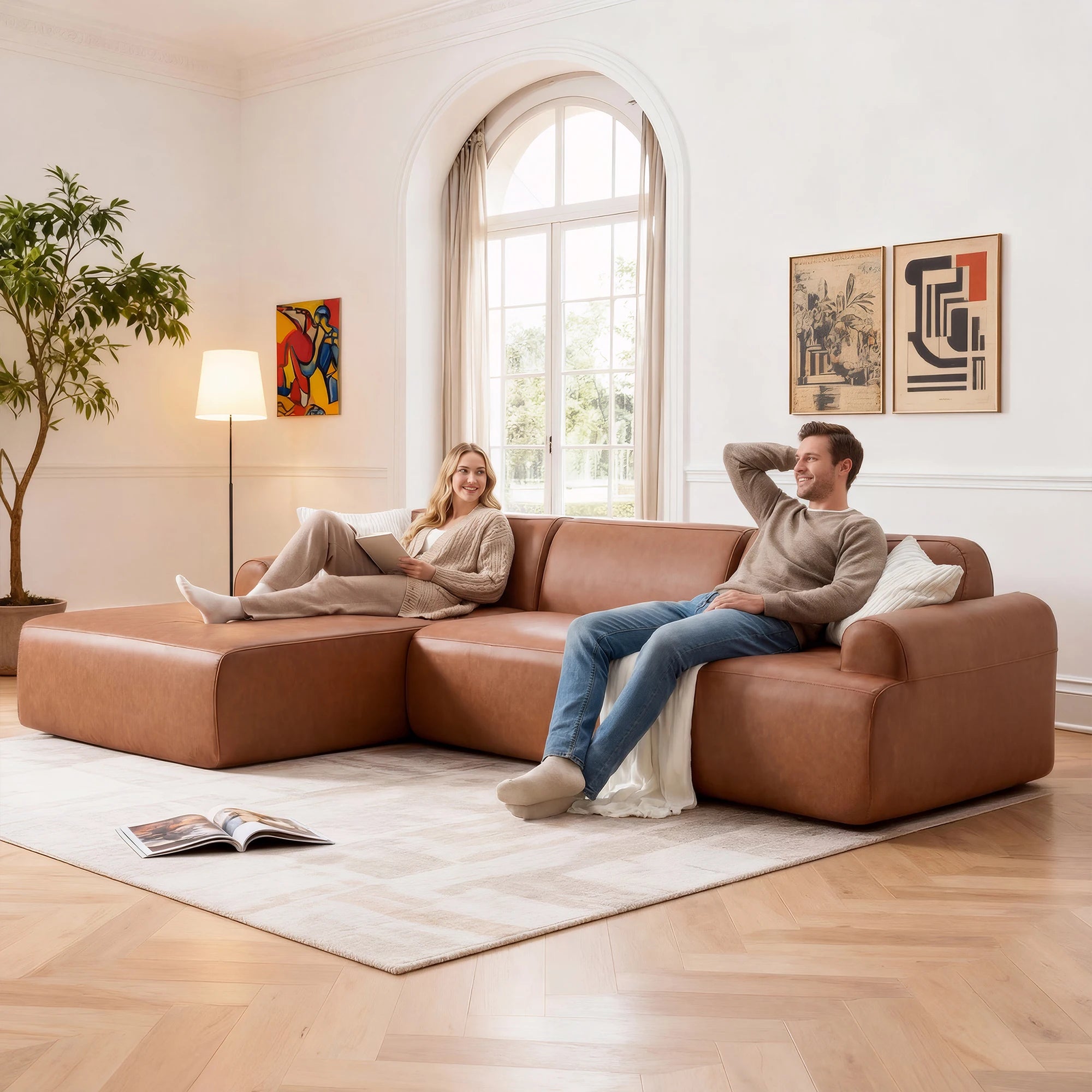 L-shaped modular leather sofa